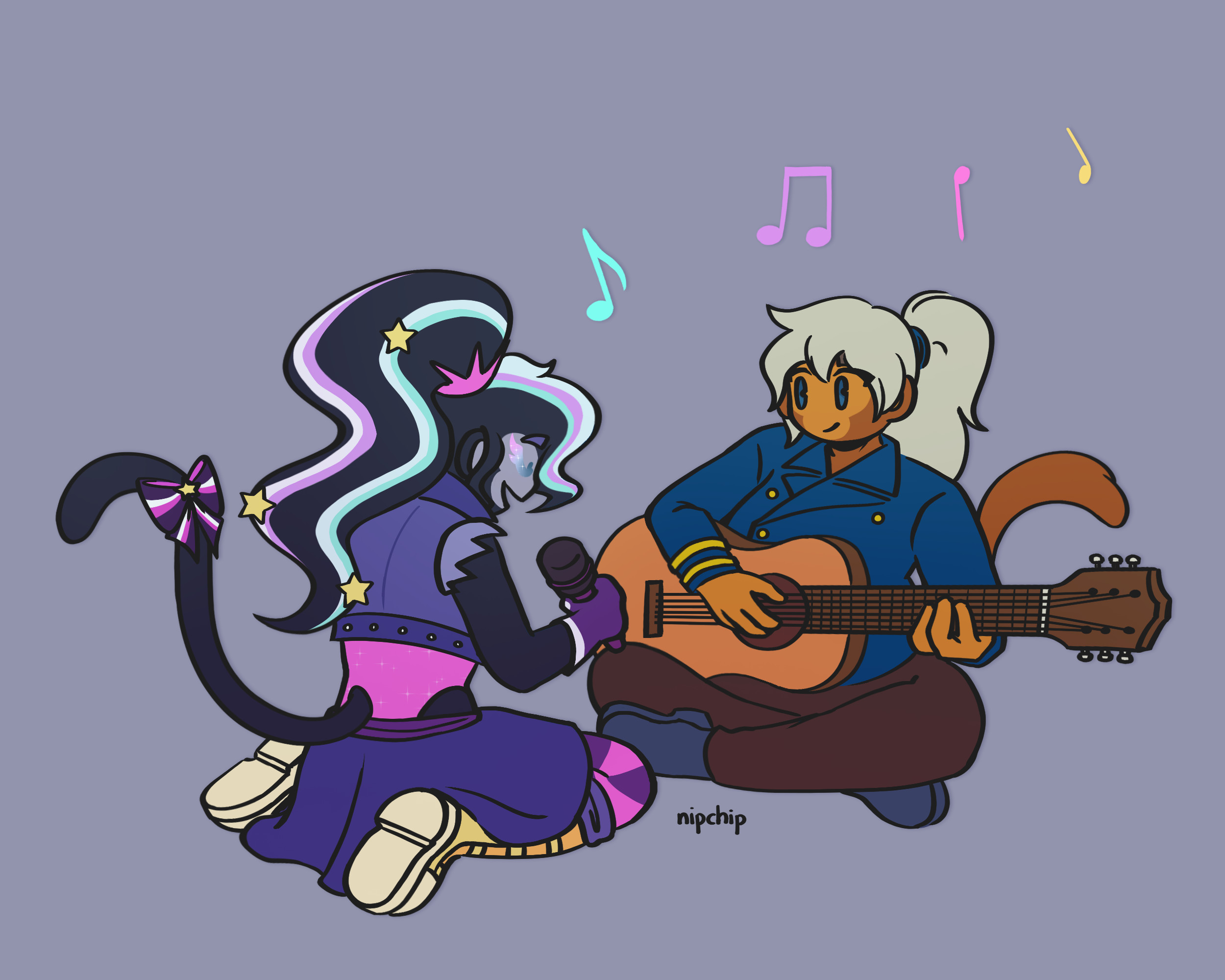 Minuette and Brickell having a jam session. Minuette is kneeling and singing into her mic. Brickell is playing along on an acoustic guitar.